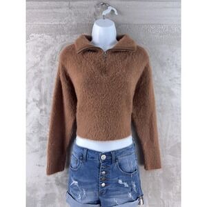 Camila Coelho Fuzzy Sweater Womens Size XXS Brown Knit Cropped Soft Cozy